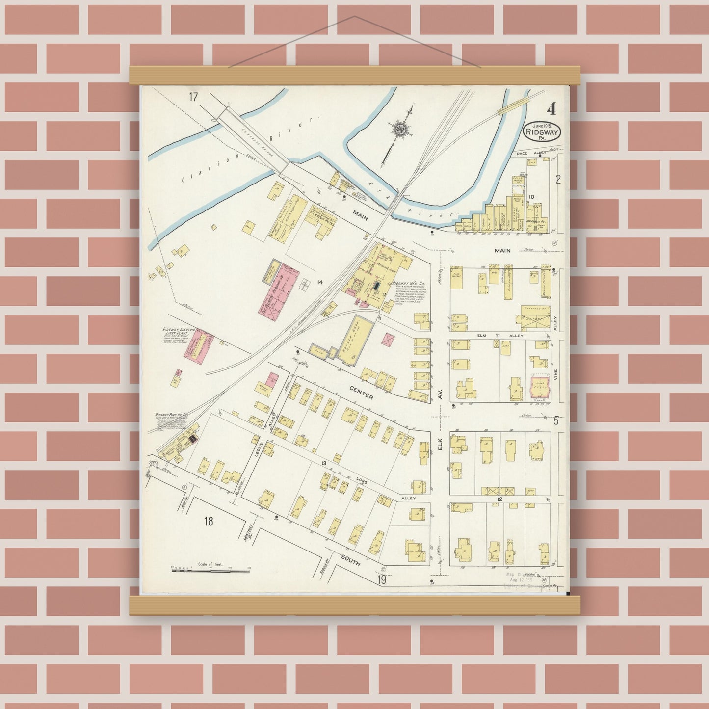 Old map wall art mockup — magnetic wood frame on brick wall — Sanborn Fire Insurance Map from Ridgway, Elk County, Pennsylvania (1915), Sheet #0004