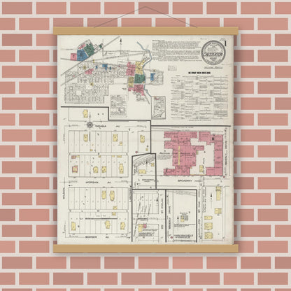 Old map wall art mockup — magnetic wood frame on brick wall — Sanborn Fire Insurance Map from Chesterton, Porter County, Indiana (1922), Sheet #0001