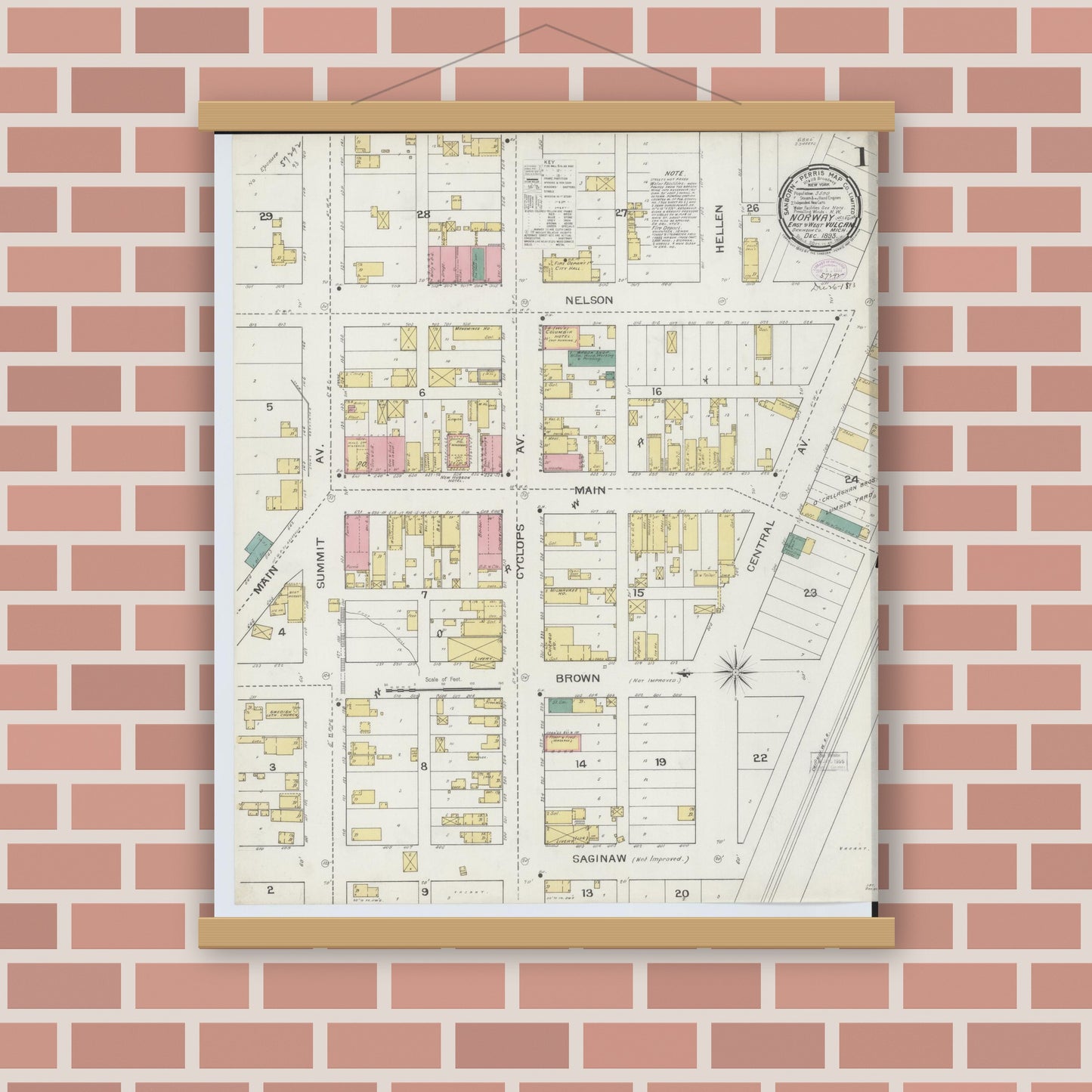Old map wall art mockup — magnetic wood frame on brick wall — Sanborn Fire Insurance Map from Norway, Dickinson County, Michigan (1893) - Complete Map Set