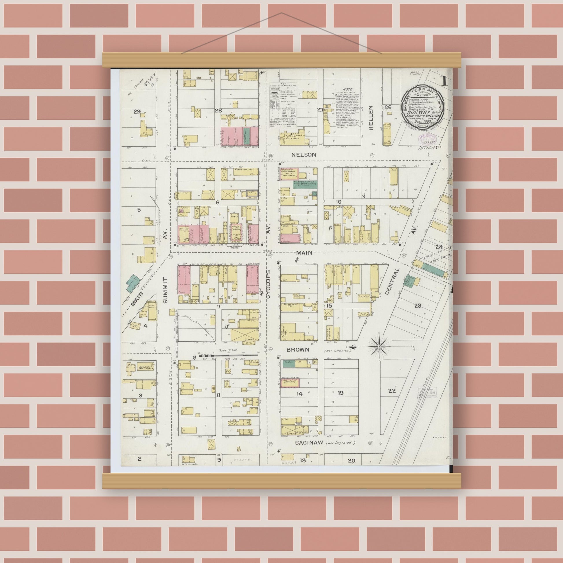 Old map wall art mockup — magnetic wood frame on brick wall — Sanborn Fire Insurance Map from Norway, Dickinson County, Michigan (1893) - Complete Map Set