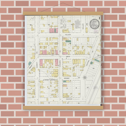 Old map wall art mockup — magnetic wood frame on brick wall — Sanborn Fire Insurance Map from Norway, Dickinson County, Michigan (1893) - Complete Map Set