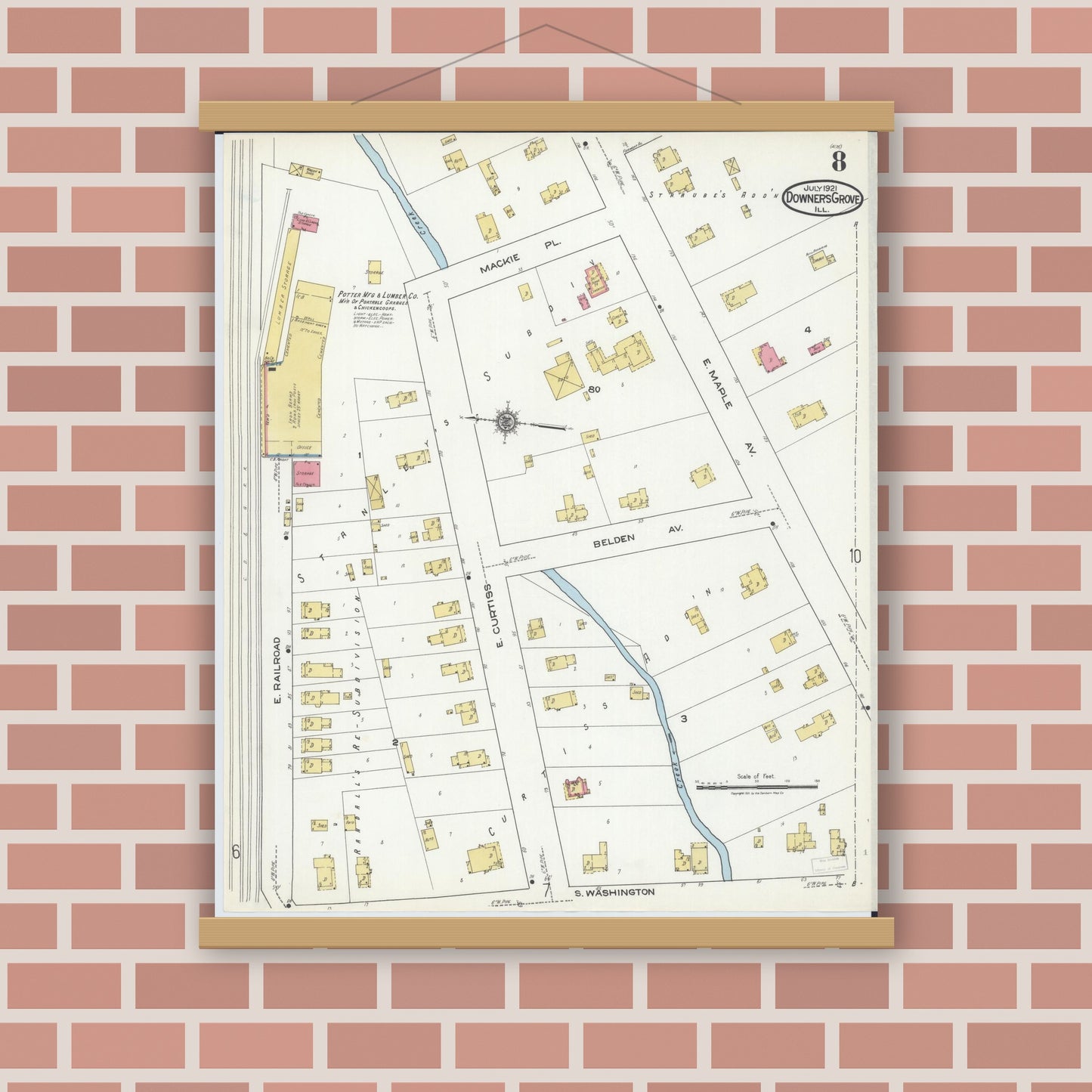 Old map wall art mockup — magnetic wood frame on brick wall — Sanborn Fire Insurance Map from Downers Grove, Dupage County, Illinois (1921), Sheet #0008