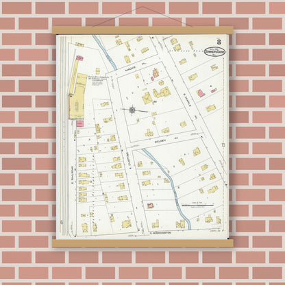 Old map wall art mockup — magnetic wood frame on brick wall — Sanborn Fire Insurance Map from Downers Grove, Dupage County, Illinois (1921), Sheet #0008