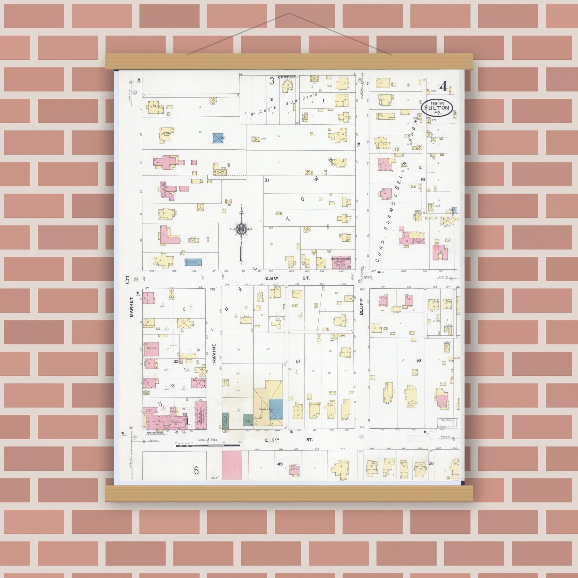 Old map wall art mockup — magnetic wood frame on brick wall — Sanborn Fire Insurance Map from Fulton, Callaway County, Missouri (1910), Sheet #0004