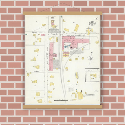 Old map wall art mockup — magnetic wood frame on brick wall — Sanborn Fire Insurance Map from Newton, Catawba County, North Carolina (1907), Sheet #0004