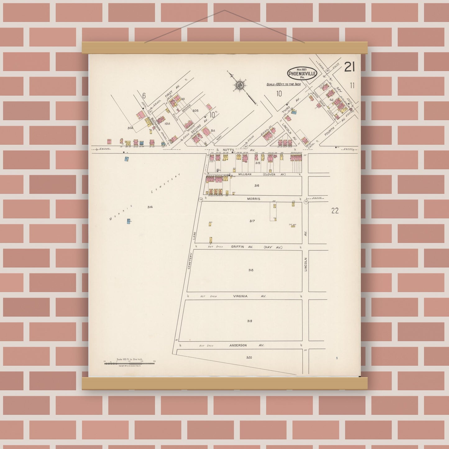 Old map wall art mockup — magnetic wood frame on brick wall — Sanborn Fire Insurance Map from Phoenixville, Chester County, Pennsylvania (1921), Sheet #0021