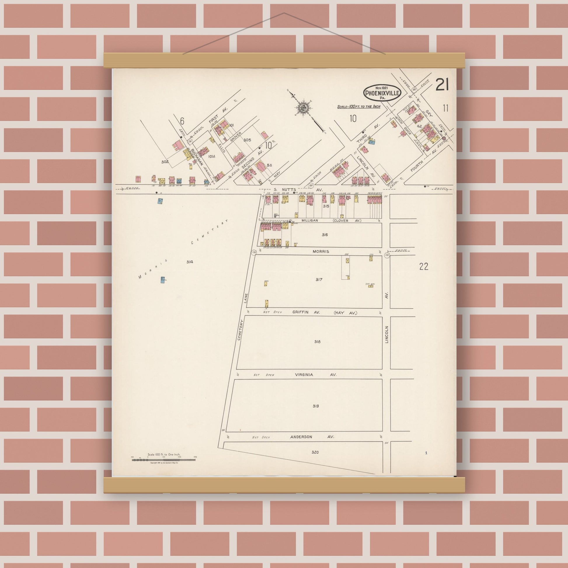 Old map wall art mockup — magnetic wood frame on brick wall — Sanborn Fire Insurance Map from Phoenixville, Chester County, Pennsylvania (1921), Sheet #0021