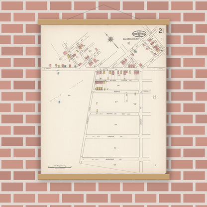 Old map wall art mockup — magnetic wood frame on brick wall — Sanborn Fire Insurance Map from Phoenixville, Chester County, Pennsylvania (1921), Sheet #0021