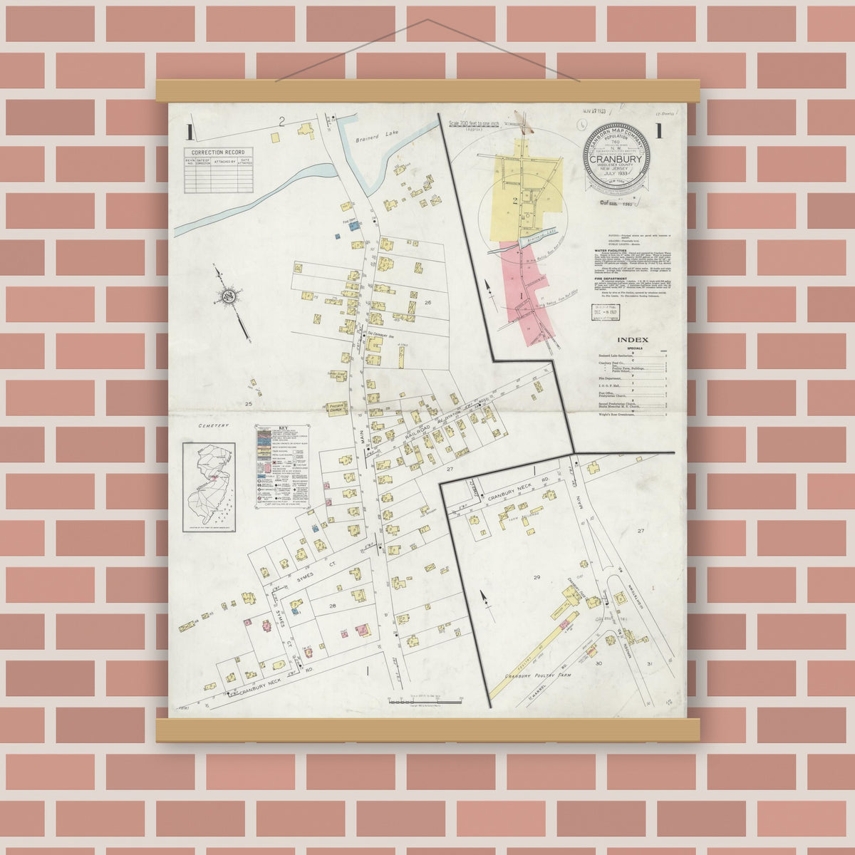 Old map wall art mockup — magnetic wood frame on brick wall — Sanborn Fire Insurance Map from Cranbury, Middlesex County, New Jersey (1933) - Complete Map Set
