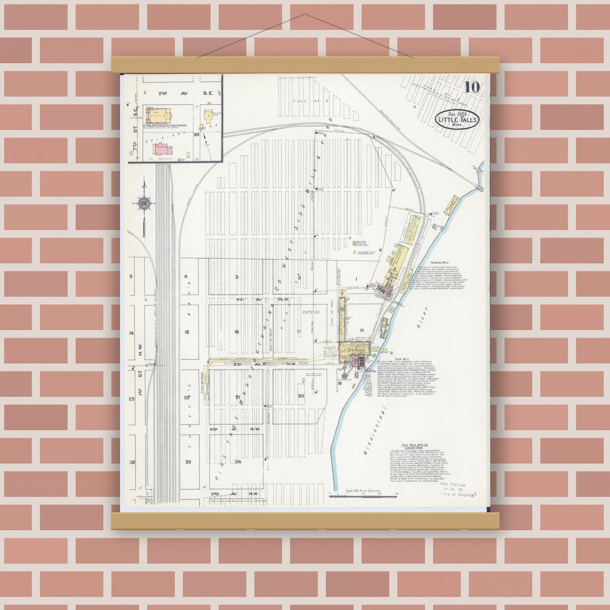 Old map wall art mockup — magnetic wood frame on brick wall — Sanborn Fire Insurance Map from Little Falls, Morrison County, Minnesota (1909), Sheet #0010