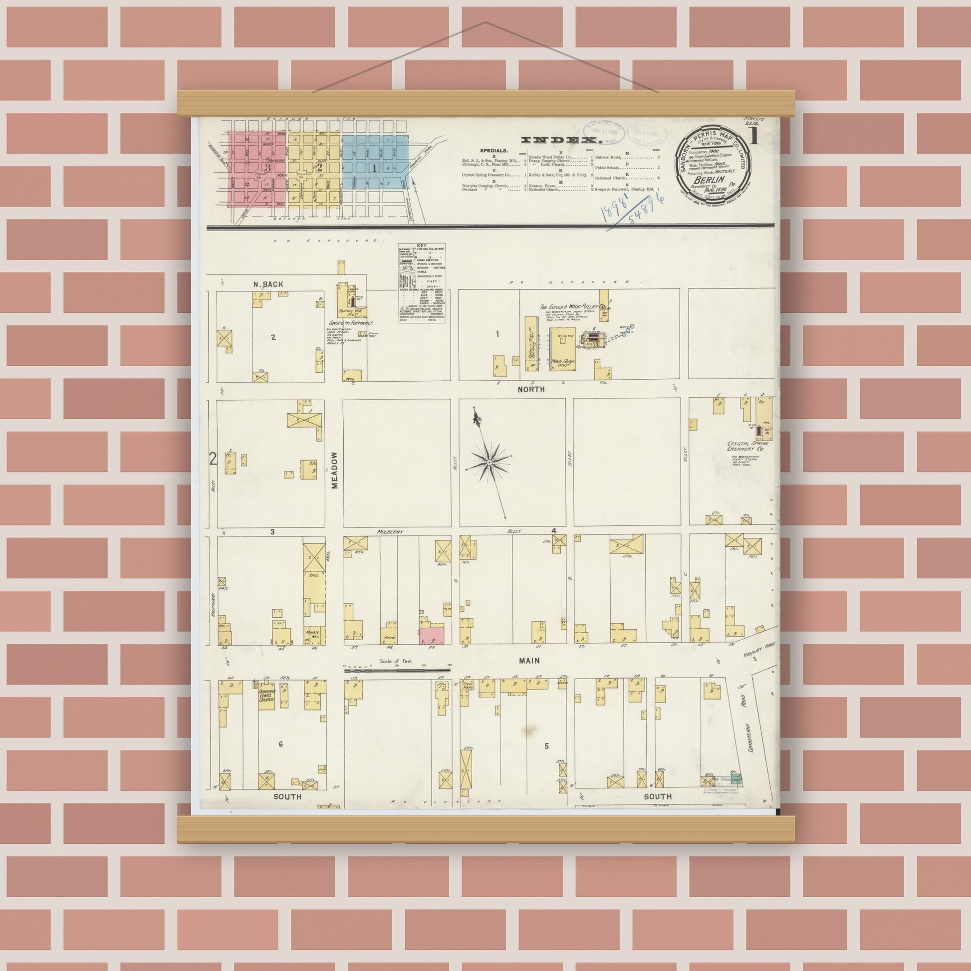 Old map wall art mockup — magnetic wood frame on brick wall — Sanborn Fire Insurance Map from Berlin, Somerset County, Pennsylvania (1898), Sheet #0001
