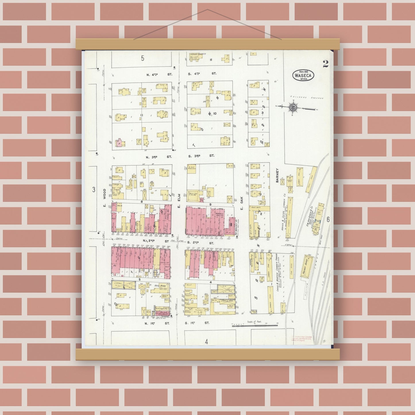 Old map wall art mockup — magnetic wood frame on brick wall — Sanborn Fire Insurance Map from Waseca, Waseca County, Minnesota (1910), Sheet #0002