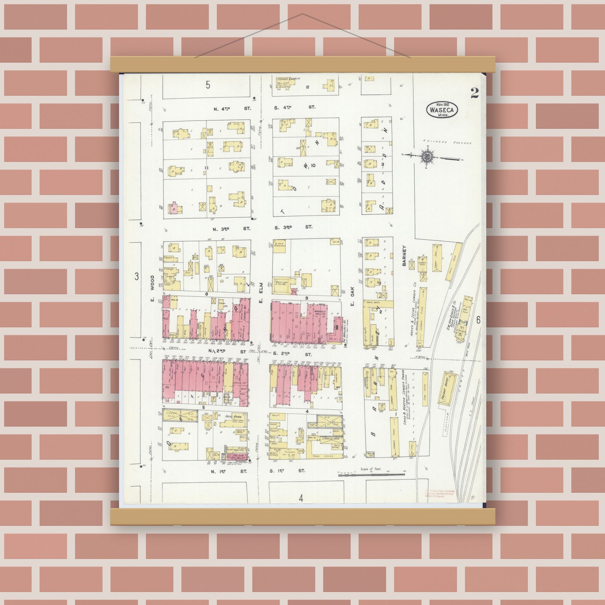 Old map wall art mockup — magnetic wood frame on brick wall — Sanborn Fire Insurance Map from Waseca, Waseca County, Minnesota (1910), Sheet #0002