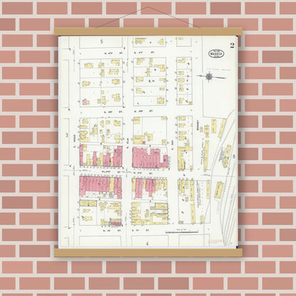 Old map wall art mockup — magnetic wood frame on brick wall — Sanborn Fire Insurance Map from Waseca, Waseca County, Minnesota (1910), Sheet #0002