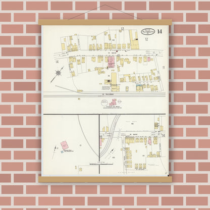 Old map wall art mockup — magnetic wood frame on brick wall — Sanborn Fire Insurance Map from Plymouth, Luzerne County, Pennsylvania (1912), Sheet #0014