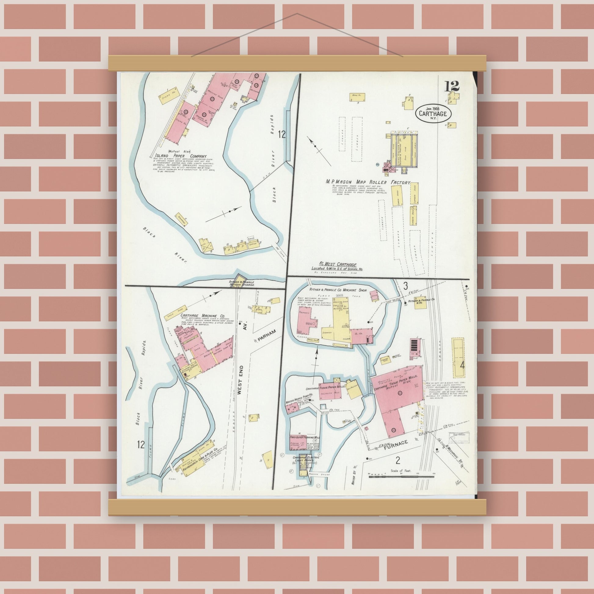 Old map wall art mockup — magnetic wood frame on brick wall — Sanborn Fire Insurance Map from Carthage, Jefferson County, New York (1908), Sheet #0012