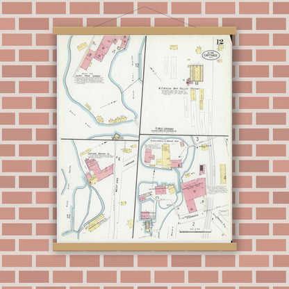 Old map wall art mockup — magnetic wood frame on brick wall — Sanborn Fire Insurance Map from Carthage, Jefferson County, New York (1908), Sheet #0012