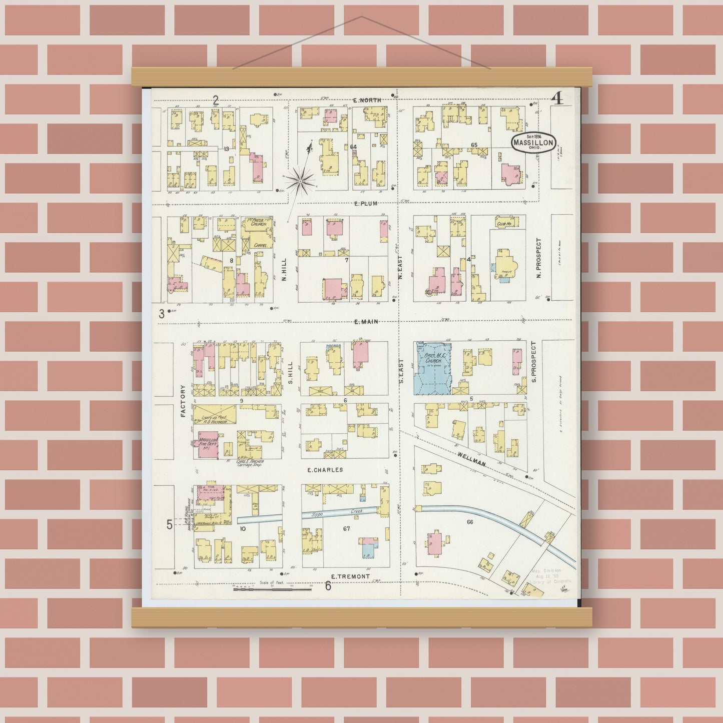 Old map wall art mockup — magnetic wood frame on brick wall — Sanborn Fire Insurance Map from Massillon, Stark County, Ohio (1896), Sheet #0004