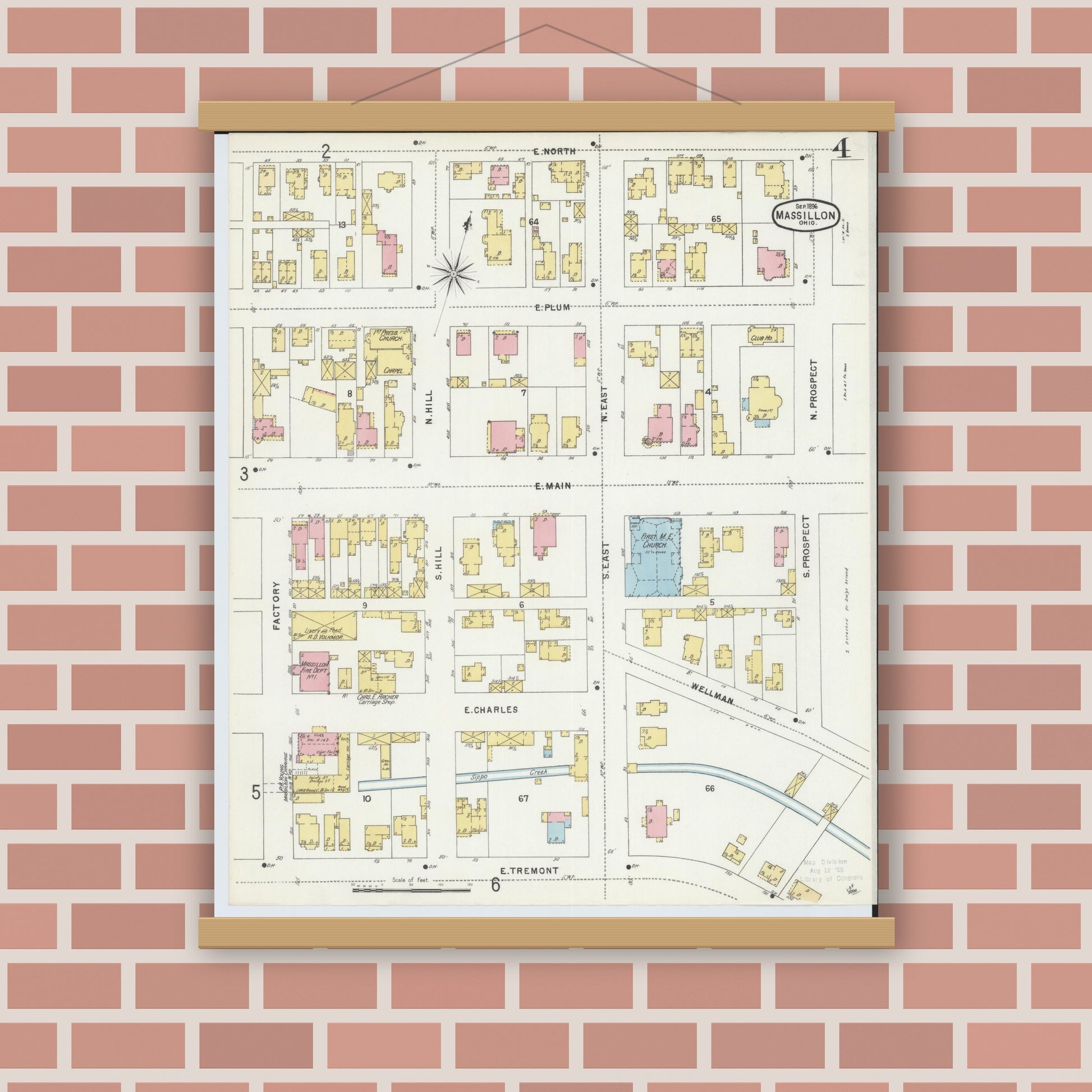 Old map wall art mockup — magnetic wood frame on brick wall — Sanborn Fire Insurance Map from Massillon, Stark County, Ohio (1896), Sheet #0004