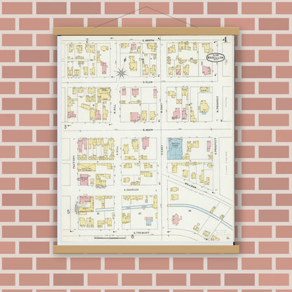 Old map wall art mockup — magnetic wood frame on brick wall — Sanborn Fire Insurance Map from Massillon, Stark County, Ohio (1896), Sheet #0004