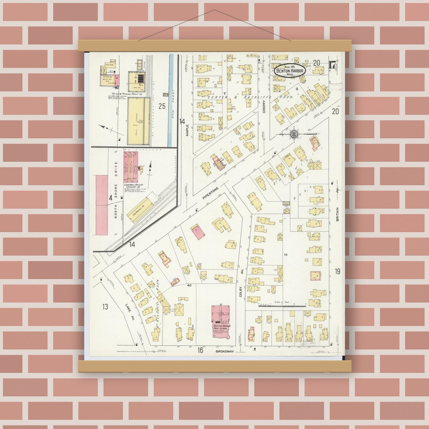 Old map wall art mockup — magnetic wood frame on brick wall — Sanborn Fire Insurance Map from Benton Harbor, Berrien County, Michigan (1911), Sheet #0017