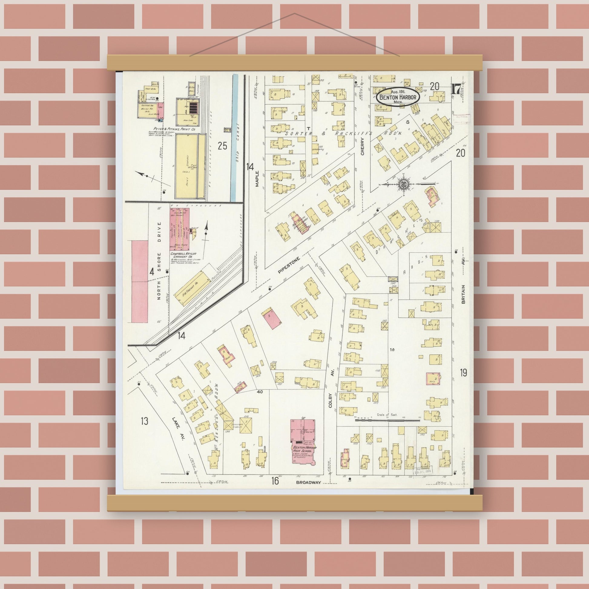 Old map wall art mockup — magnetic wood frame on brick wall — Sanborn Fire Insurance Map from Benton Harbor, Berrien County, Michigan (1911), Sheet #0017