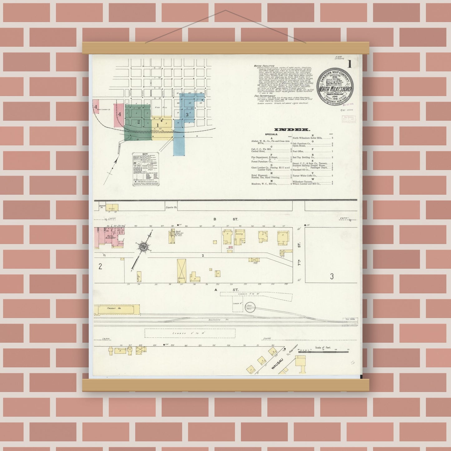 Old map wall art mockup — magnetic wood frame on brick wall — Sanborn Fire Insurance Map from North Wilkesboro, Wilkes County, North Carolina (1910), Sheet #0001