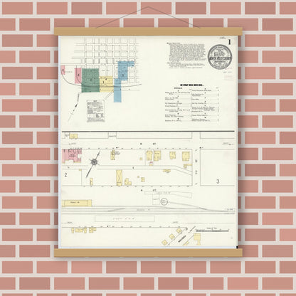 Old map wall art mockup — magnetic wood frame on brick wall — Sanborn Fire Insurance Map from North Wilkesboro, Wilkes County, North Carolina (1910), Sheet #0001