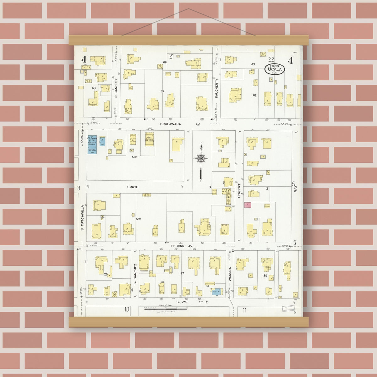 Old map wall art mockup — magnetic wood frame on brick wall — Sanborn Fire Insurance Map from Ocala, Marion County, Florida (1924), Sheet #0004