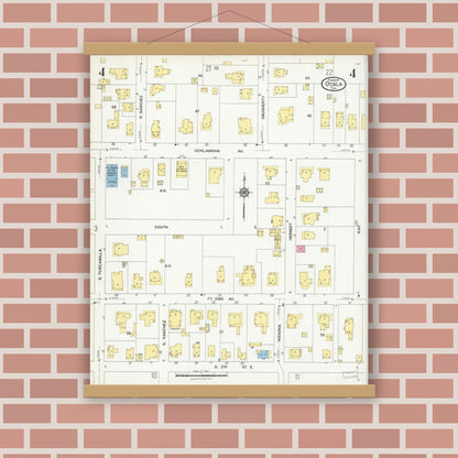 Old map wall art mockup — magnetic wood frame on brick wall — Sanborn Fire Insurance Map from Ocala, Marion County, Florida (1924), Sheet #0004