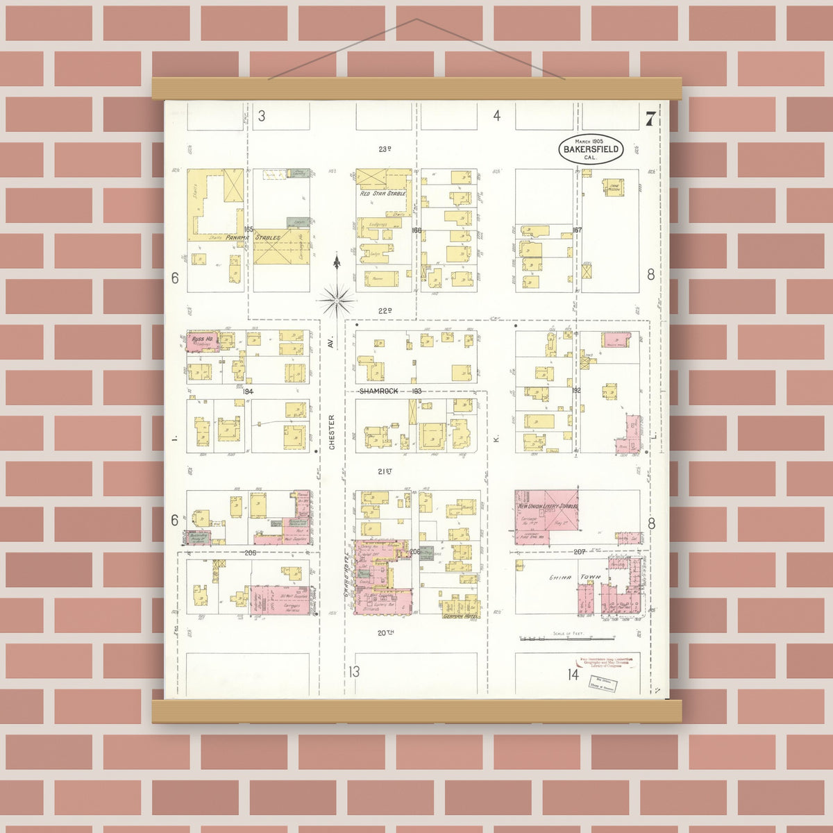 Old map wall art mockup — magnetic wood frame on brick wall — Sanborn Fire Insurance Map from Bakersfield, Kern County, California (1905), Sheet #0007