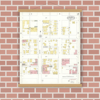 Old map wall art mockup — magnetic wood frame on brick wall — Sanborn Fire Insurance Map from Bakersfield, Kern County, California (1905), Sheet #0007