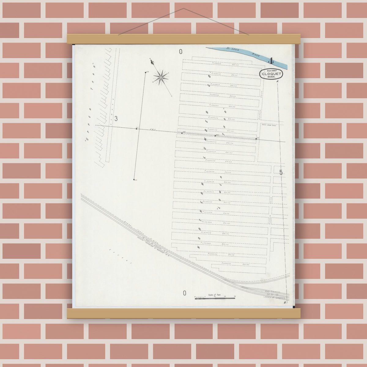 Old map wall art mockup — magnetic wood frame on brick wall — Sanborn Fire Insurance Map from Cloquet, Carlton County, Minnesota (1897), Sheet #0004