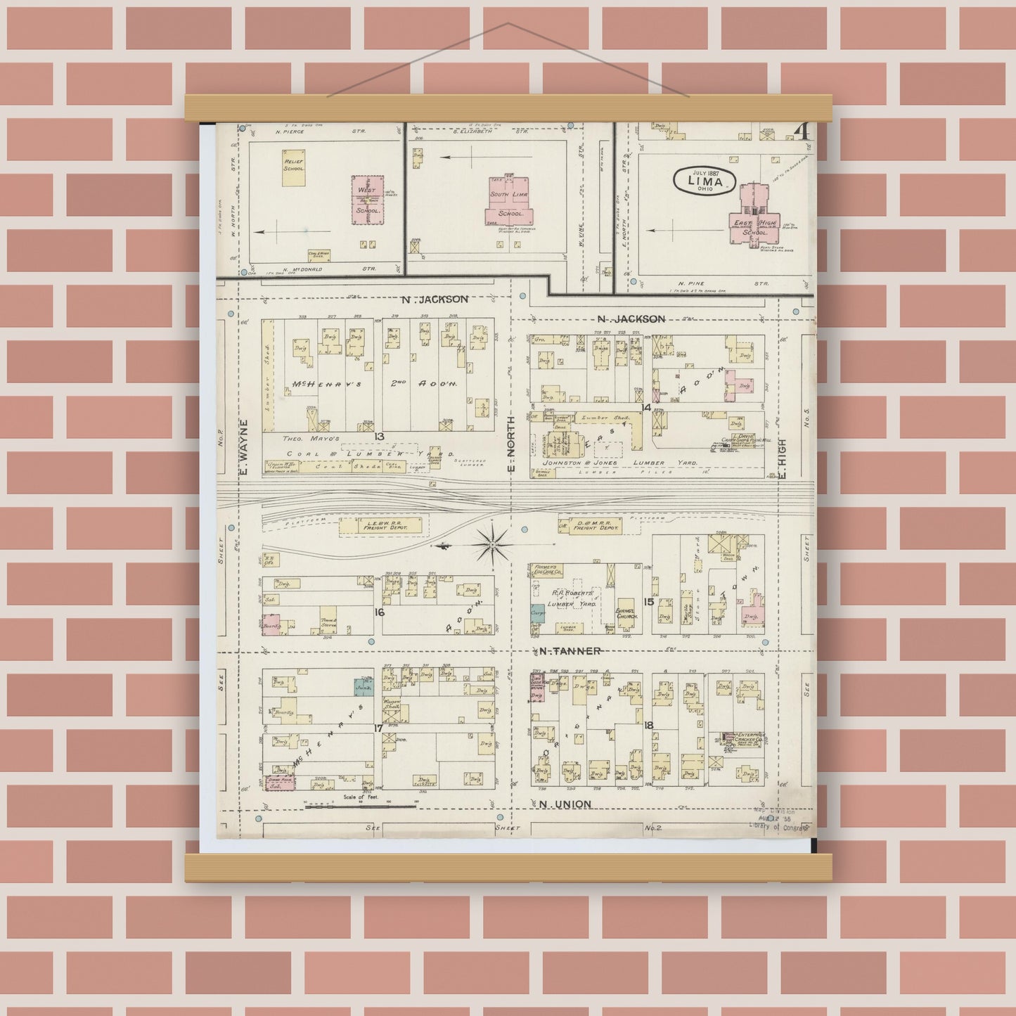 Old map wall art mockup — magnetic wood frame on brick wall — Sanborn Fire Insurance Map from Lima, Allen County, Ohio (1887), Sheet #0004