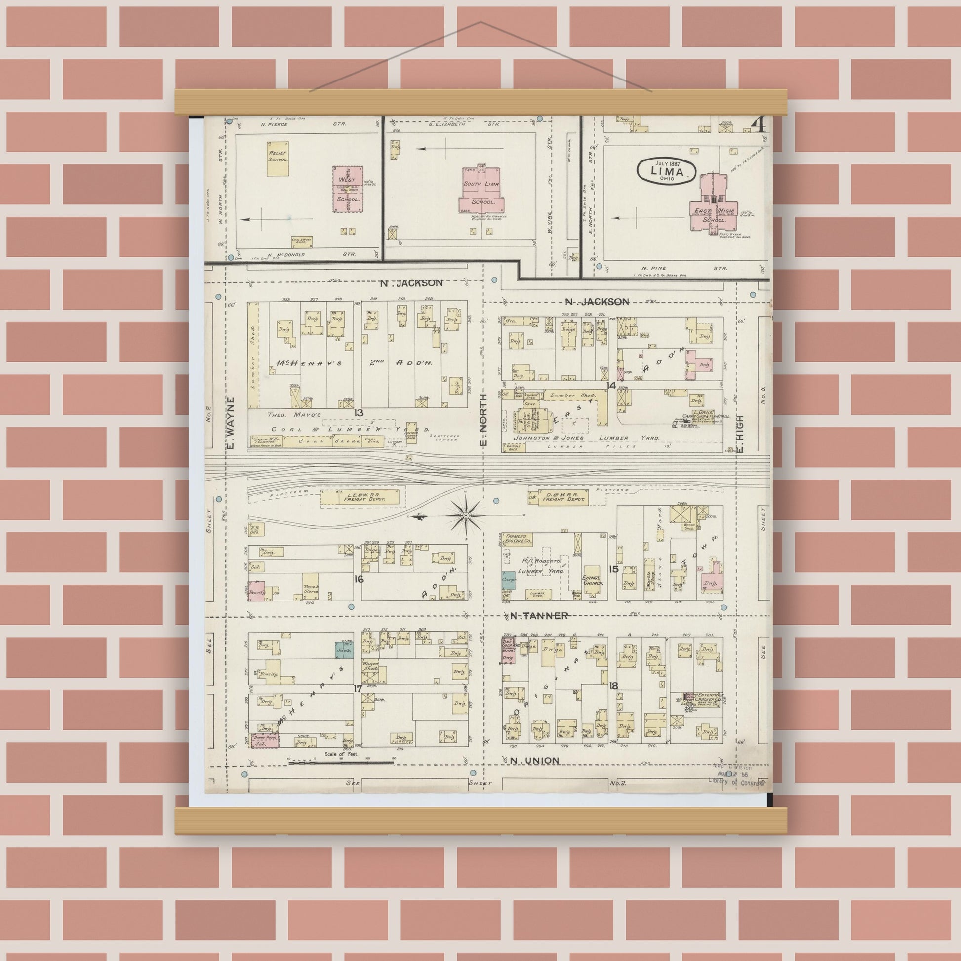 Old map wall art mockup — magnetic wood frame on brick wall — Sanborn Fire Insurance Map from Lima, Allen County, Ohio (1887), Sheet #0004