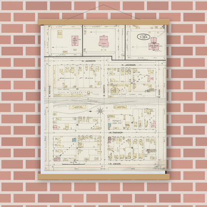 Old map wall art mockup — magnetic wood frame on brick wall — Sanborn Fire Insurance Map from Lima, Allen County, Ohio (1887), Sheet #0004