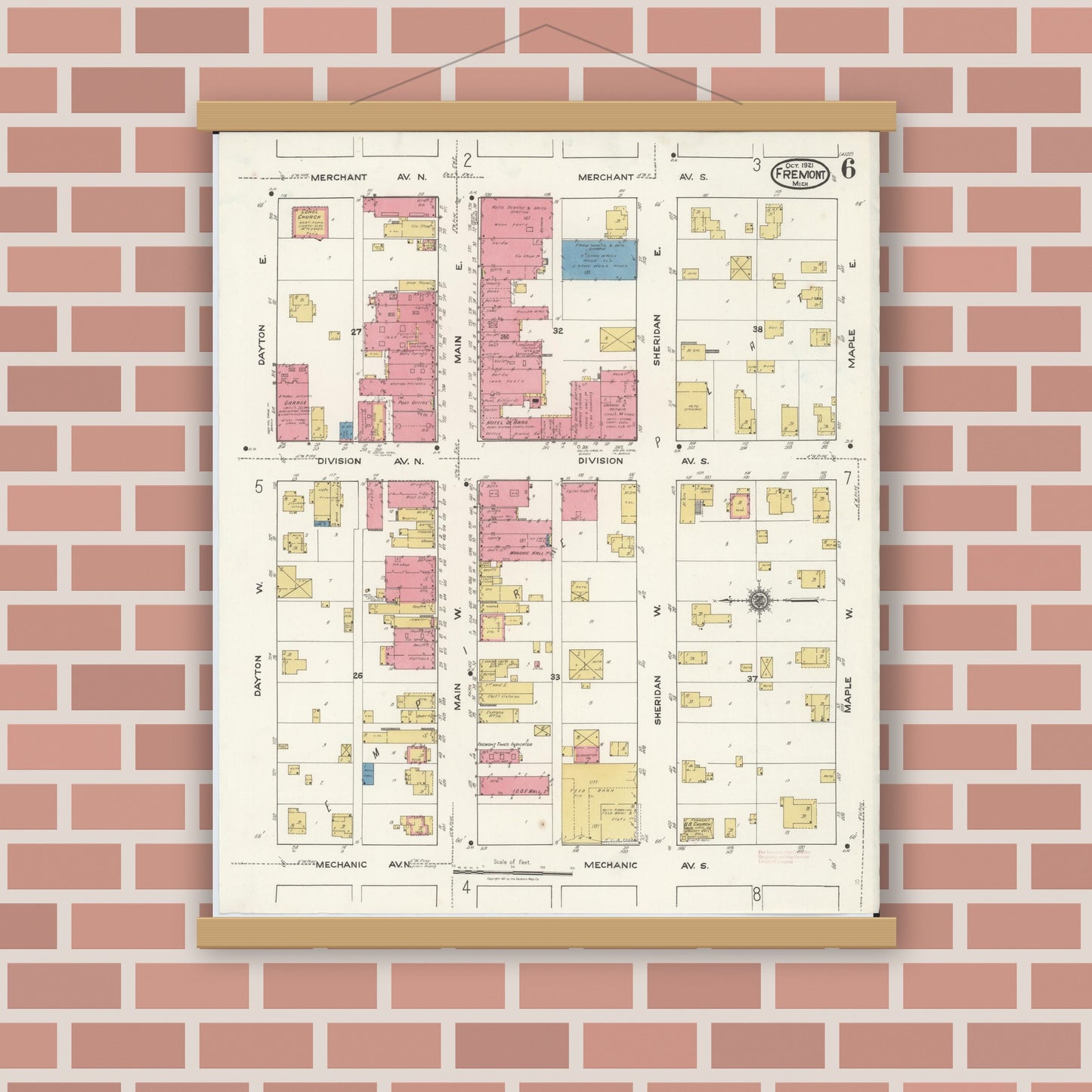 Old map wall art mockup — magnetic wood frame on brick wall — Sanborn Fire Insurance Map from Fremont, Newaygo County, Michigan (1921), Sheet #0006