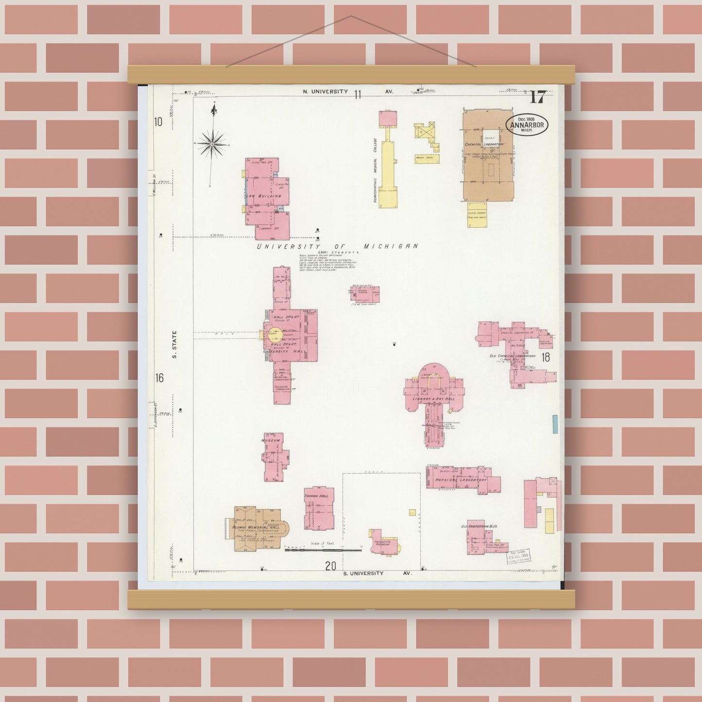 Old map wall art mockup — magnetic wood frame on brick wall — Sanborn Fire Insurance Map from Ann Arbor, Washtenaw County, Michigan (1908), Sheet #0017