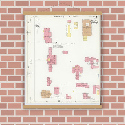 Old map wall art mockup — magnetic wood frame on brick wall — Sanborn Fire Insurance Map from Ann Arbor, Washtenaw County, Michigan (1908), Sheet #0017