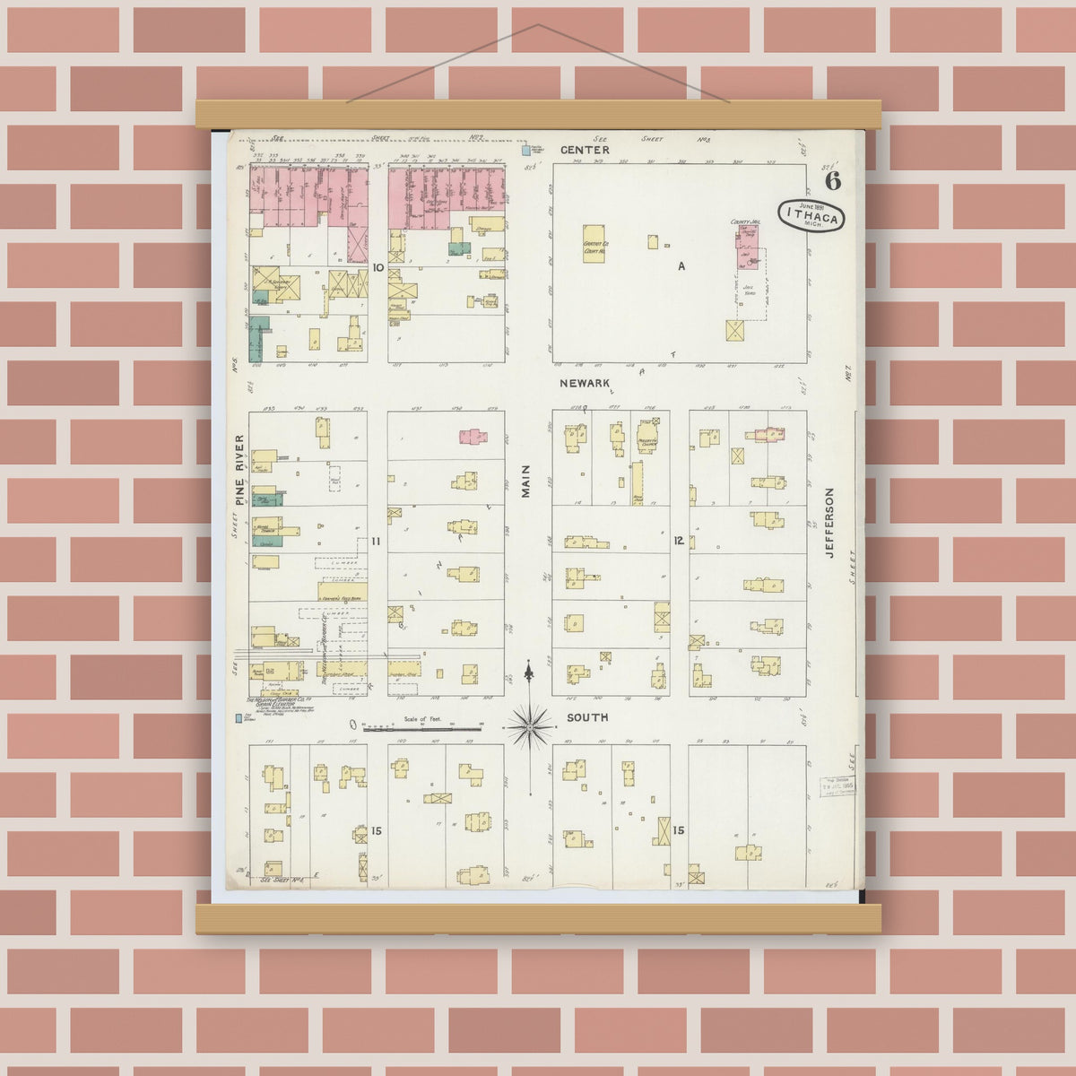 Old map wall art mockup — magnetic wood frame on brick wall — Sanborn Fire Insurance Map from Ithaca, Gratiot County, Michigan (1891), Sheet #0006