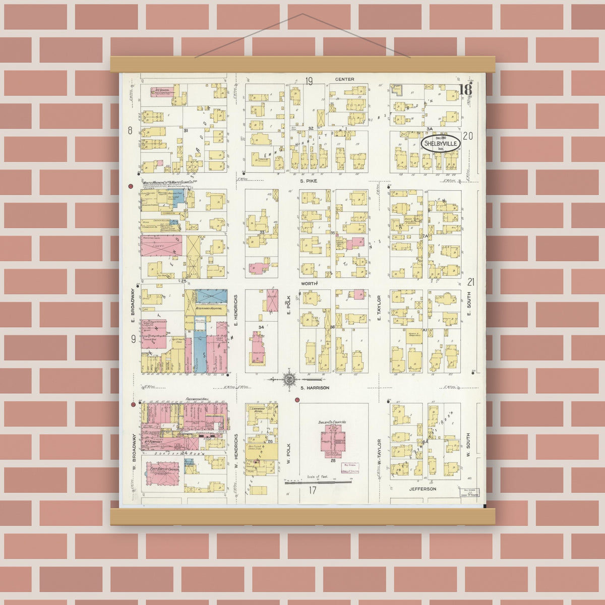Old map wall art mockup — magnetic wood frame on brick wall — Sanborn Fire Insurance Map from Shelbyville, Shelby County, Indiana (1910), Sheet #0018