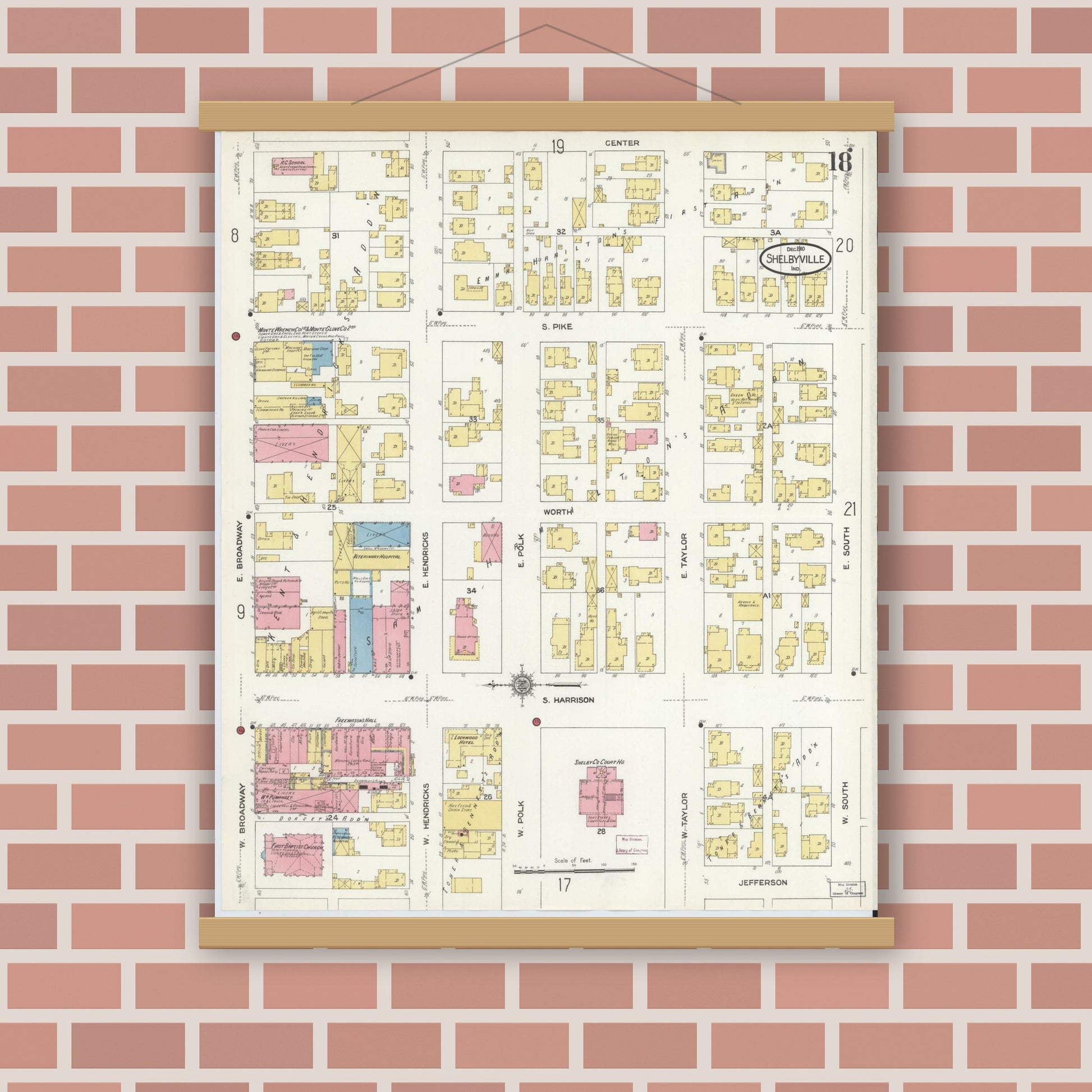 Old map wall art mockup — magnetic wood frame on brick wall — Sanborn Fire Insurance Map from Shelbyville, Shelby County, Indiana (1910), Sheet #0018