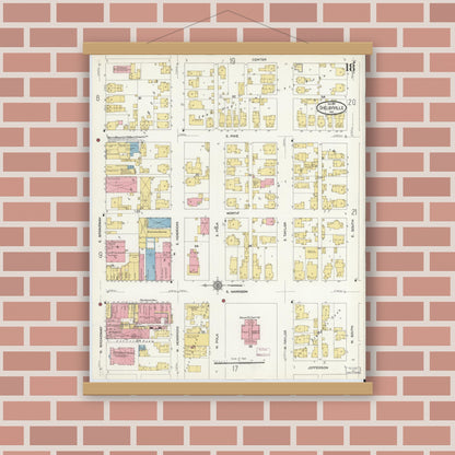 Old map wall art mockup — magnetic wood frame on brick wall — Sanborn Fire Insurance Map from Shelbyville, Shelby County, Indiana (1910), Sheet #0018