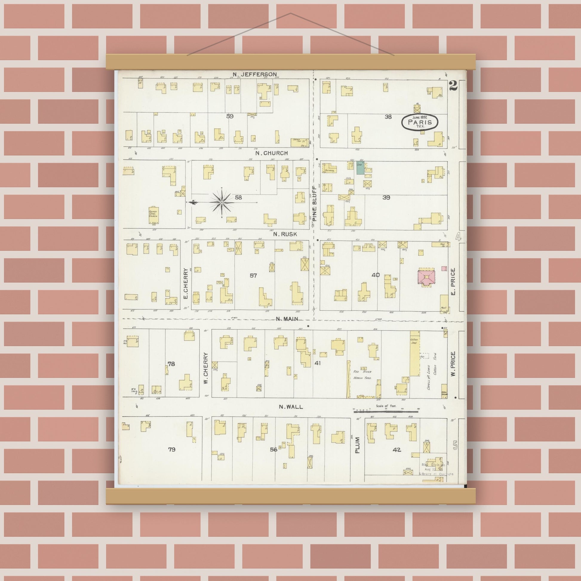 Old map wall art mockup — magnetic wood frame on brick wall — Sanborn Fire Insurance Map from Paris, Lamar County, Texas (1892), Sheet #0002