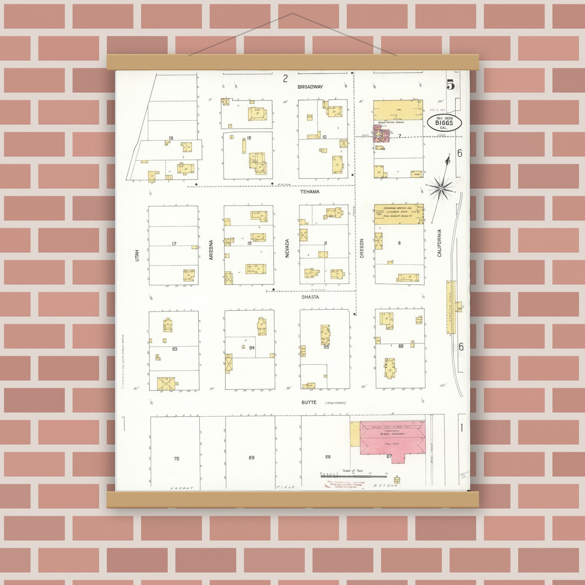 Old map wall art mockup — magnetic wood frame on brick wall — Sanborn Fire Insurance Map from Biggs, Butte County, California (1909), Sheet #0005