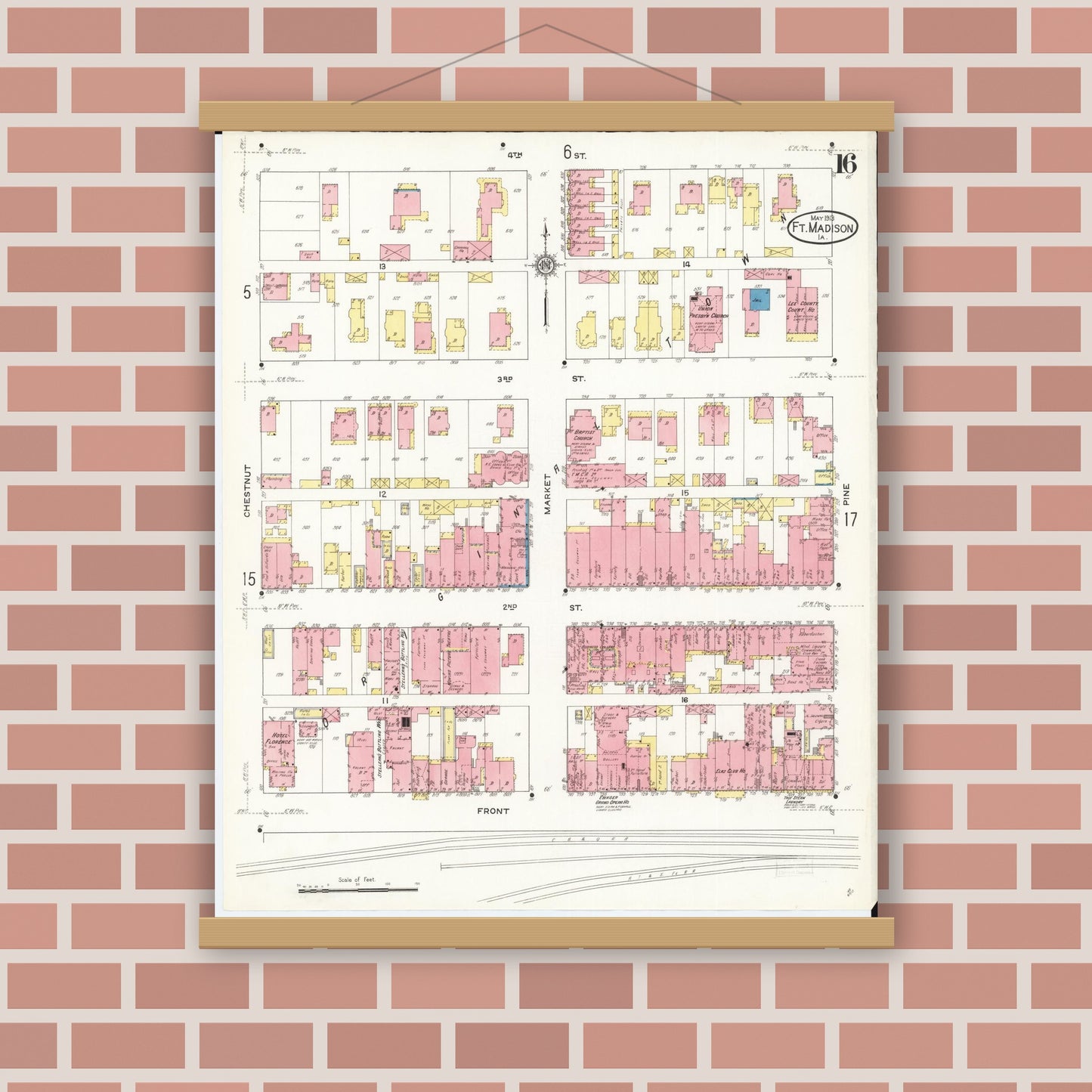 Old map wall art mockup — magnetic wood frame on brick wall — Sanborn Fire Insurance Map from Fort Madison, Lee County, Iowa (1913), Sheet #0016