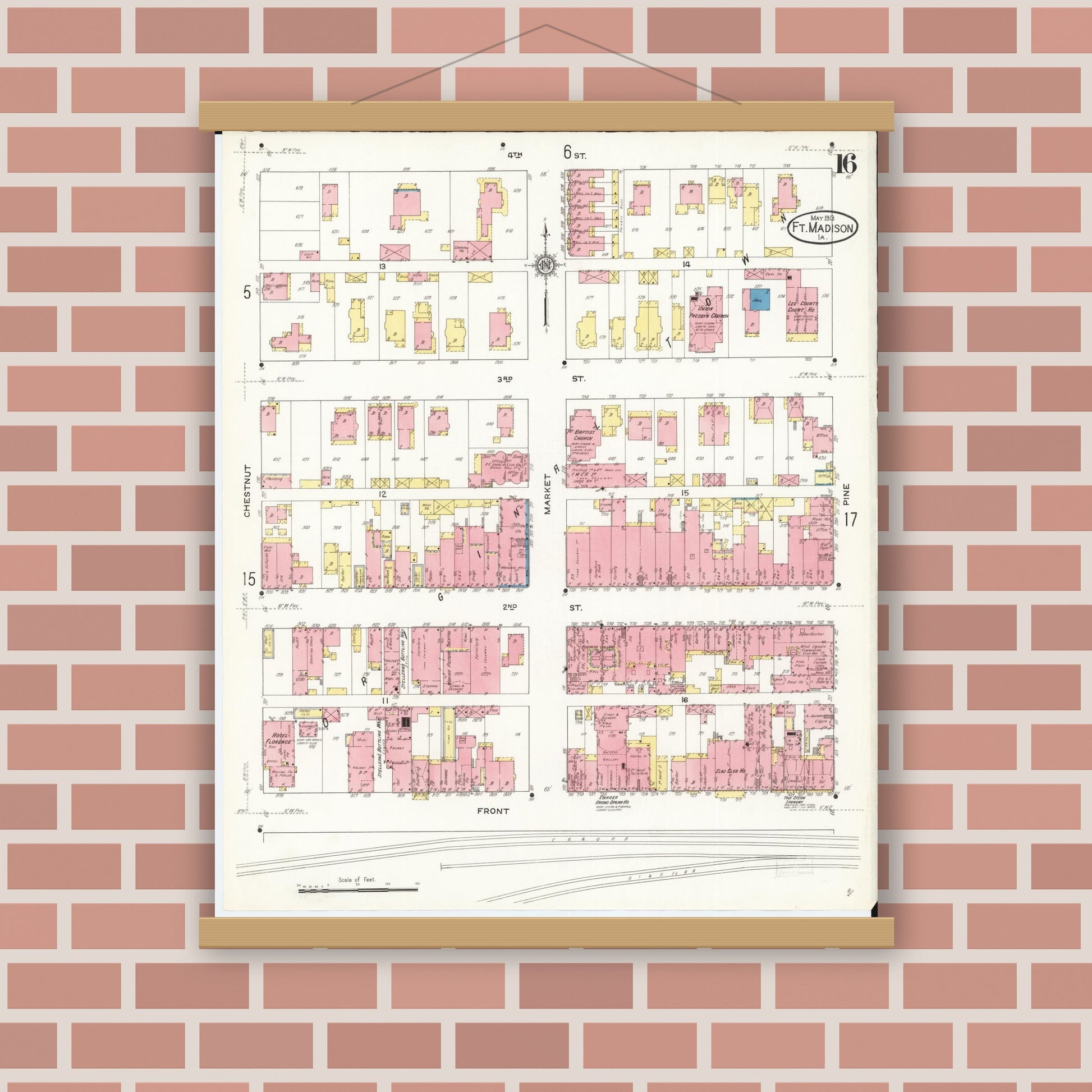 Old map wall art mockup — magnetic wood frame on brick wall — Sanborn Fire Insurance Map from Fort Madison, Lee County, Iowa (1913), Sheet #0016