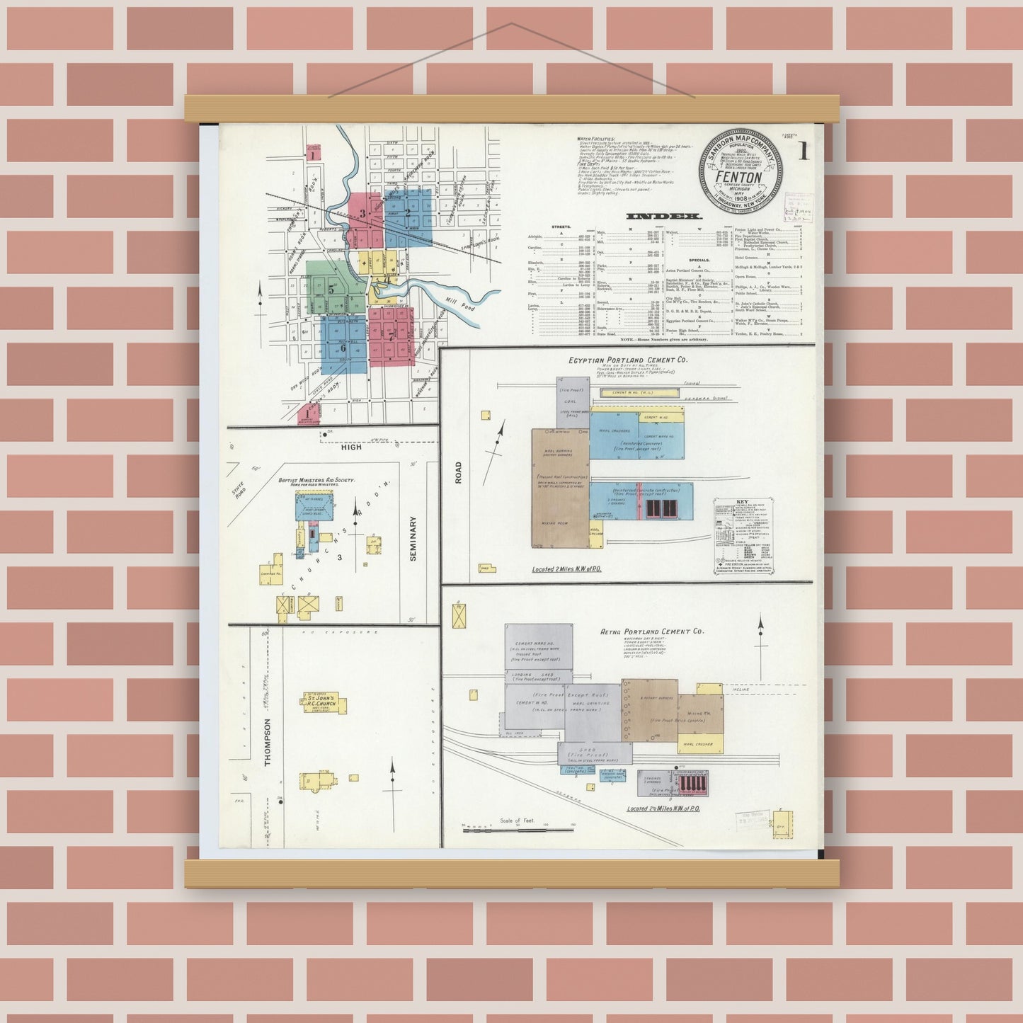 Old map wall art mockup — magnetic wood frame on brick wall — Sanborn Fire Insurance Map from Fenton, Genesee County, Michigan (1908), Sheet #0001