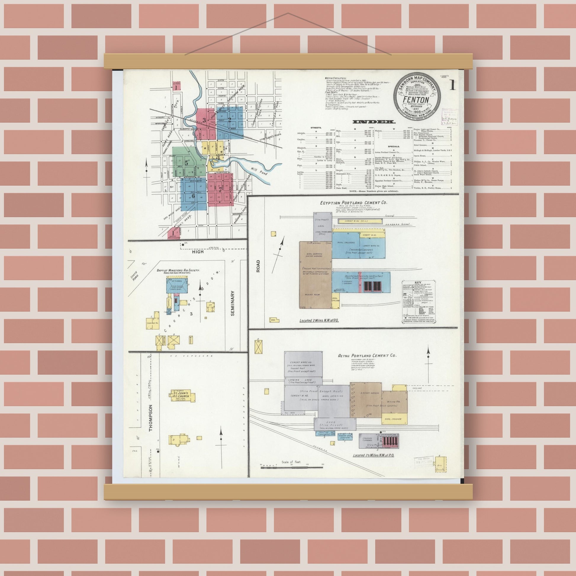 Old map wall art mockup — magnetic wood frame on brick wall — Sanborn Fire Insurance Map from Fenton, Genesee County, Michigan (1908), Sheet #0001