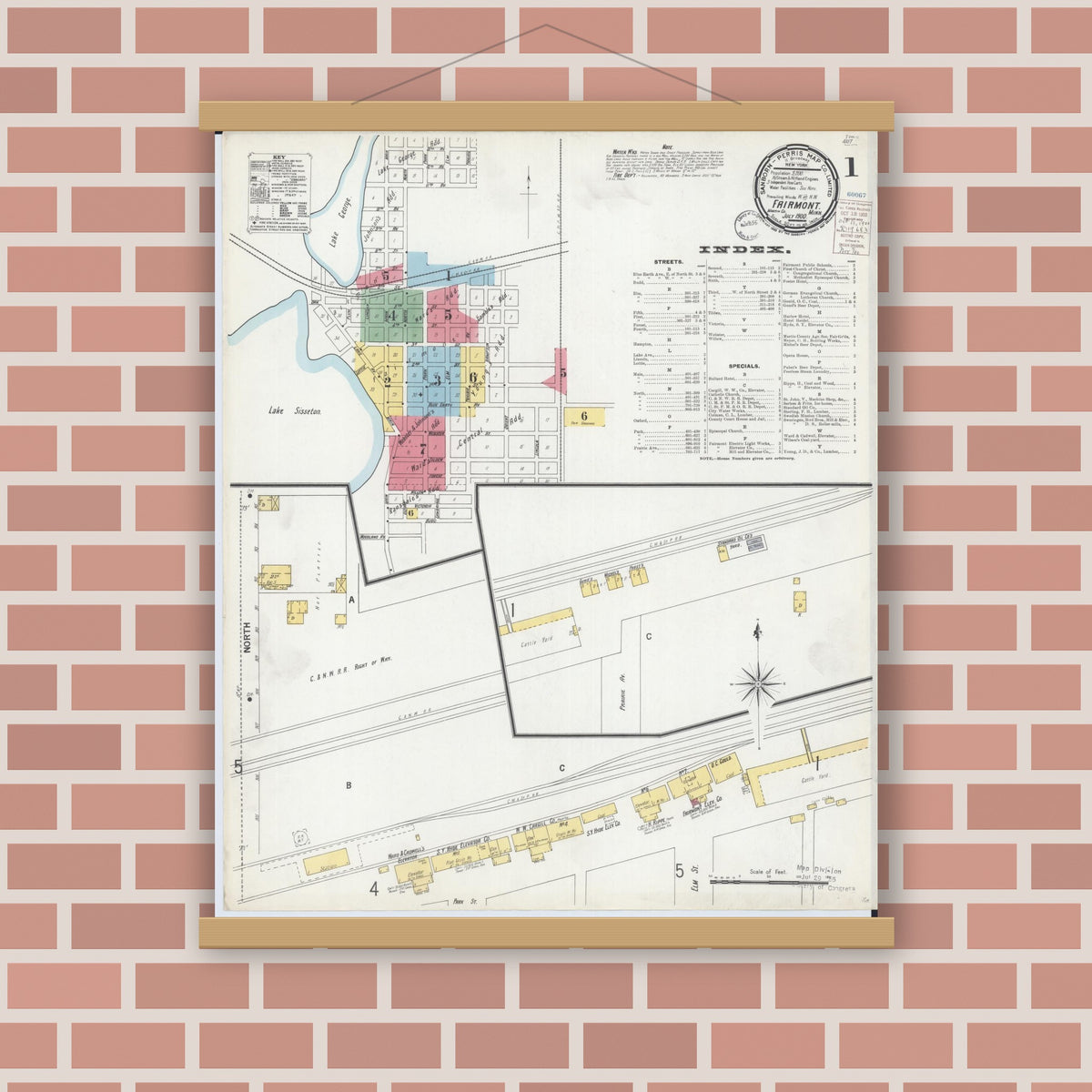 Old map wall art mockup — magnetic wood frame on brick wall — Sanborn Fire Insurance Map from Fairmont, Martin County, Minnesota (1900), Sheet #0001